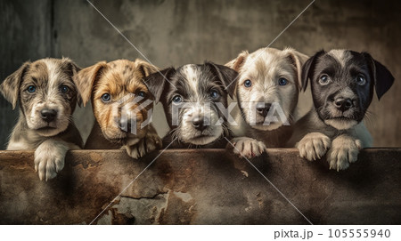 Group of dogs in box, looking at camera. Generative AI 105555940