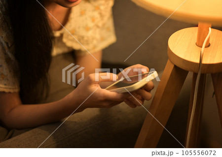 Carefree young woman relaxing on couch at home texting messaging, browsing wireless internet on smartphone. 105556072