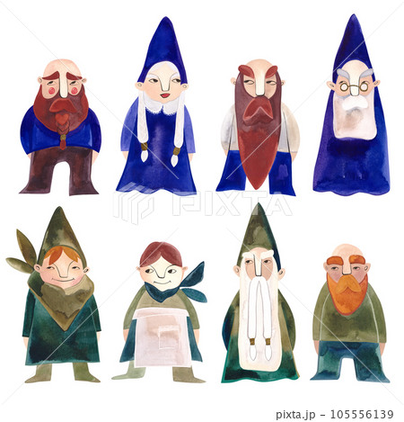 Set of watercolor gnomes in blue and green costumes. Family. Isolated illustration. Clipart. Raster illustration for packaging, greeting cards and wrapping paper, gifts, posters. 105556139