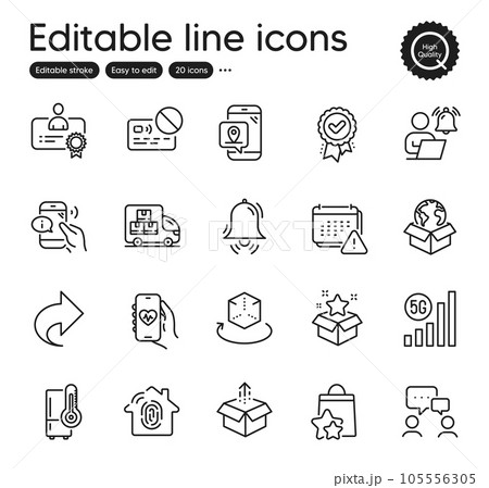 Set of Technology outline icons. Contains icons as Loyalty program, Pin marker and People chatting elements. Delivery service, 5g wifi, Health app web signs. Delivery truck, Call center. Vector 105556305