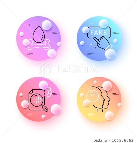 Water splash, Fake information and Time management minimal line icons. 3d spheres or balls buttons. Seo stats icons. For web, application, printing. Aqua drop, False truth, Teamwork clock. Vector 105556362