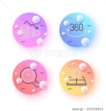 Time management, Full rotation and Money loss minimal line icons. 3d spheres or balls buttons. Sun energy icons. For web, application, printing. Time analysis, 360 degree, Economy bankruptcy. Vector 105556972