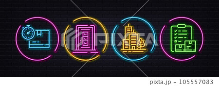 Cardboard box, Skyscraper buildings and Door minimal line icons. Neon laser 3d lights. Inventory checklist icons. For web, application, printing. Vector 105557083