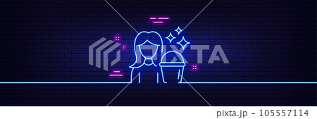 Neon light glow effect. Cleaning service line icon. Woman with Bucket symbol. Washing Housekeeping equipment sign. 3d line neon glow icon. Brick wall banner. Cleaning outline. Vector 105557114