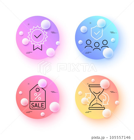 Hourglass, Certificate and Sale coupon minimal line icons. 3d spheres or balls buttons. People insurance icons. For web, application, printing. Sand watch, Verified award, Discount tag. Vector 105557146