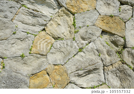 A wall of gray and golden stones of irregular sharp shape 105557332