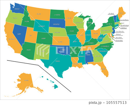 州ごとに区分けされたアメリカ合衆国の白地図、ブランク地図 日本語 105557513