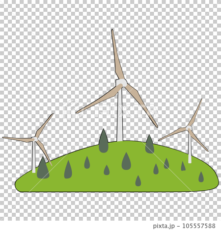 Wind turbine clipart flat design on transparent background, clean energy concept isolated clipping path element	 105557588