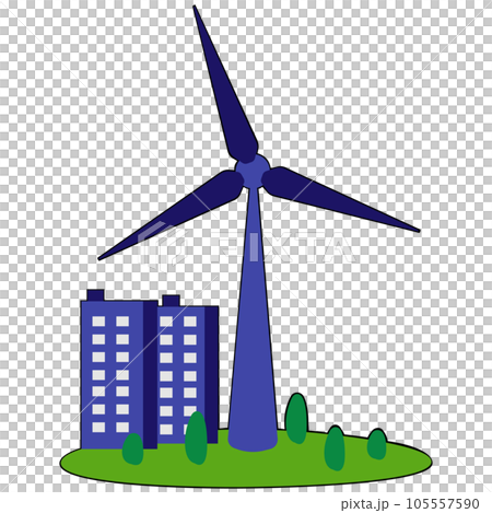 Wind turbine clipart flat design on transparent background, clean energy concept isolated clipping path element	 105557590