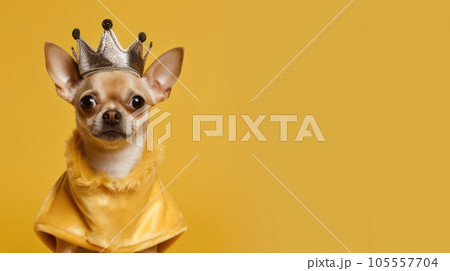 Advertising portrait, banner, serious looking chihuahua dog dressed in a queen outfit, isolated on yellow background 105557704