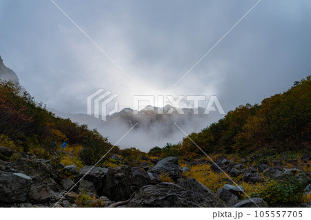 【錦秋】霧に包まれた紅葉時期の涸沢カール【長野県】 105557705
