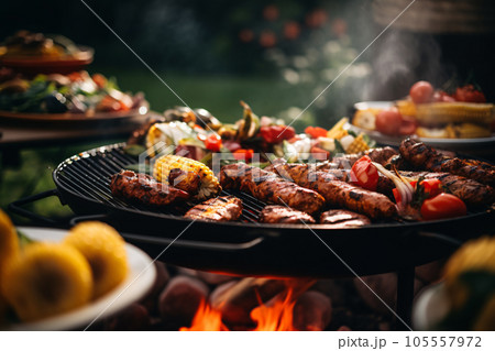 BBQ Skewers with Grilled Vegetables and Tomatoes 105557972