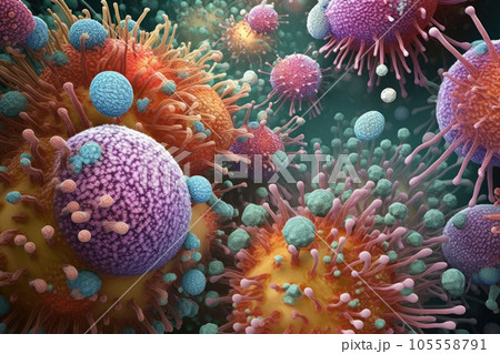 A background with a macro shot of various microbes, virus cells and bacteria. Generative AI A background with a macro shot of various microbes, virus cells and bacteria. Generative AI 105558791