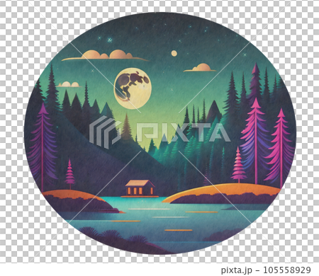 像通過望遠鏡看一樣的圓形 | 夜湖，森林景觀 | 帶紋理的幻想平面插畫 | Genera 105558929
