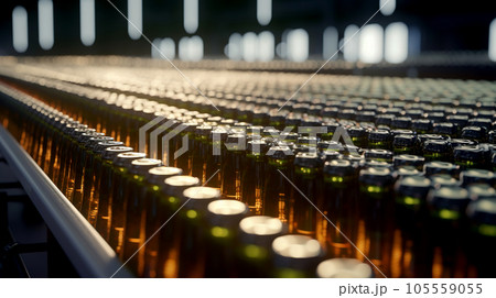Glass bottles. Conveyor belt with bottles. Glass bottles. Conveyor belt with bottles. 105559055