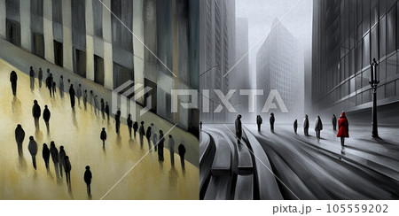 群衆、孤独、を描いたコンセプチュアルなアートワーク／ 都市の人々のグループ／シュールな絵2点／Gen 105559202