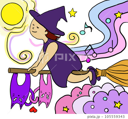 可愛い魔女と猫 空飛ぶほうき 可愛い魔女と猫 空飛ぶほうき 105559343