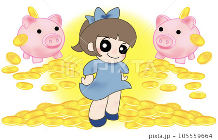 腰に手をあてた女の子とブタの貯金箱から溢れるコインのイラスト 腰に手をあてた女の子とブタの貯金箱から溢れるコインのイラスト 105559664