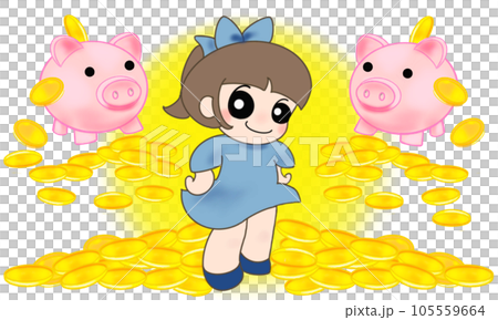腰に手をあてた女の子とブタの貯金箱から溢れるコインのイラスト 腰に手をあてた女の子とブタの貯金箱から溢れるコインのイラスト 105559664