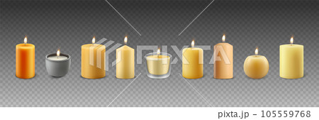 Vector 3d Realistic Different Paraffin Wax Burning Party, Spa Candles Set with Flame of a Candle, Isolated. Candle Design Template Collection, Front View Vector 3d Realistic Different Paraffin Wax Burning Party, Spa Candles Set with Flame of a Candle, Isolated. Candle Design Template Collection, Front View 105559768