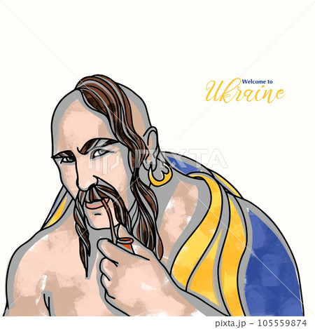 Cossack with a smoking cradle in his hands, welcome to Ukraine, national colors 105559874