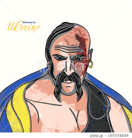 Ukrainian cossack with flag, welcome to Ukraine, national colors 105559884