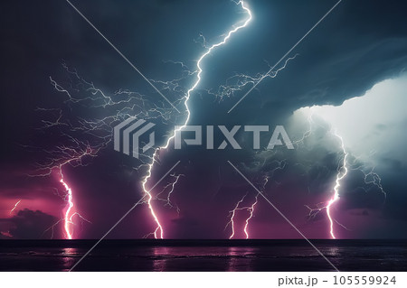 Thunderbolts on the water. natural phenomena. Weather forecast. AI-generated. AI-generated 105559924