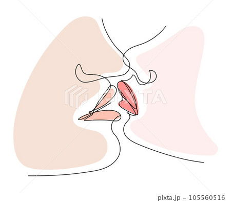 One line continuous portrait of couple man and woman in love kissing. Romantic couple kissing. Minimalist black line sketch isolated on white background. Valentine's Day. First kiss day. One line continuous portrait of couple man and woman in love kissing. Romantic couple kissing. Minimalist black line sketch isolated on white background. Valentine's Day. First kiss day. 105560516