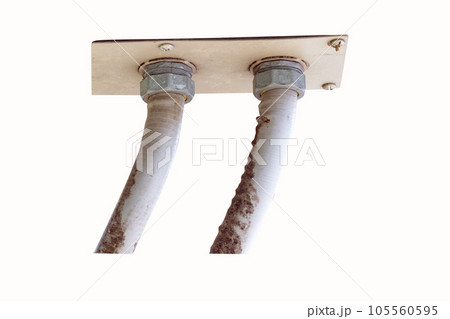 Front network electric cable with metal flex pipe connected under to Internet set-top box by nut. Installation of electrical wiring. Screws, wall mounting, safety good. Isolated on white background. Front network electric cable with metal flex pipe connected under to Internet set-top box by nut. Installation of electrical wiring. Screws, wall mounting, safety good. Isolated on white background. 105560595