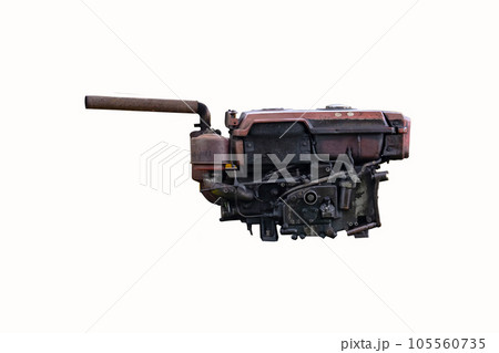 Old black parts and diesel engine damaged of large water pump agricultural machinery isolated on white background. Black oil and grease overflowing from engine. Old black parts and diesel engine damaged of large water pump agricultural machinery isolated on white background. Black oil and grease overflowing from engine. 105560735