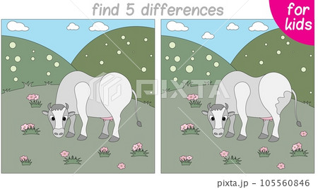 cow is grazing in the meadow. Logic game for children. You need to find 5 differences. 105560846