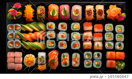 Assorted sushi, rolls and maki Assorted sushi, rolls and maki 105560847