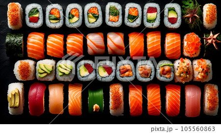 Assorted sushi, rolls and maki 105560863