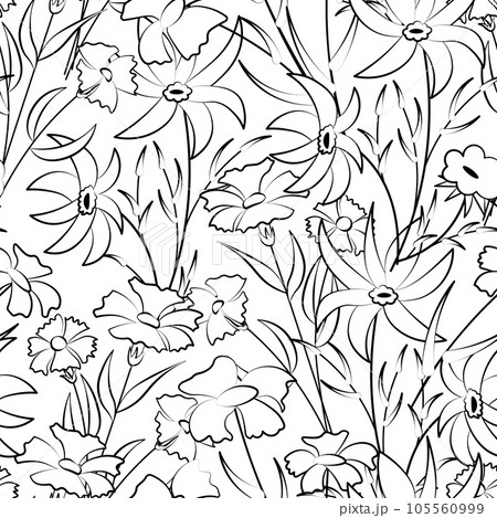 Black and white repeating pattern of meadow flowers. Vector seamless Black and white repeating pattern of meadow flowers. Vector seamless 105560999