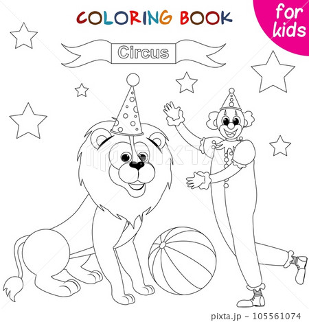 Circus characters. Clown and lion in the circus arena. Editable vector Circus characters. Clown and lion in the circus arena. Editable vector 105561074