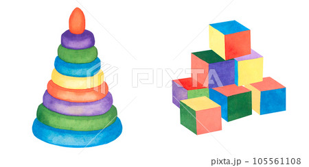Children's toy. Watercolor illustration of a pyramid and cubes on a white background. Illustration for children Children's toy. Watercolor illustration of a pyramid and cubes on a white background. Illustration for children 105561108