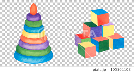 Children's toy. Watercolor illustration of a pyramid and cubes on a white background. Illustration for children Children's toy. Watercolor illustration of a pyramid and cubes on a white background. Illustration for children 105561108