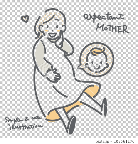 赤ちゃんを楽しみにする妊婦さん　シンプルでお洒落な線画イラスト 105561176