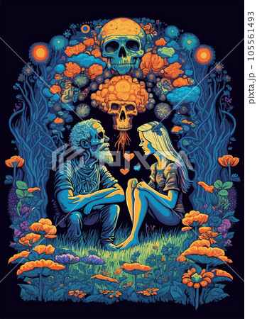 Hippie couple's bad trip psychedelic poster. Skull and flowers decor. Flat vector illustration. Hippie couple's bad trip psychedelic poster. Skull and flowers decor. Flat vector illustration. 105561493