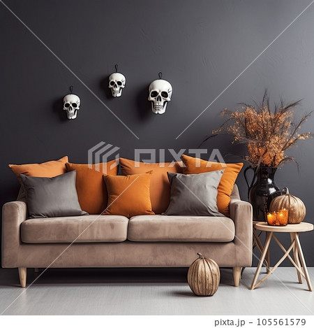 Living room decorated for Halloween with pumpkin and skull. Generative AI. 105561579