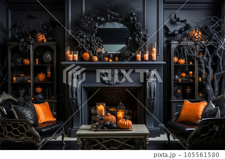 Living room decorated for Halloween. Creative interior. Generative AI. Living room decorated for Halloween. Creative interior. Generative AI. 105561580