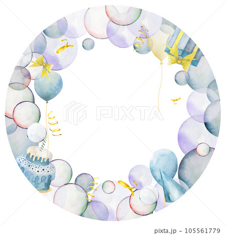 Watercolor illustration hand drawing. Cute frame cards with a cake, balloons, ribbons, soap bubbles and flags Watercolor illustration hand drawing. Cute frame cards with a cake, balloons, ribbons, soap bubbles and flags 105561779