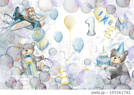 Watercolor illustration hand drawing. Cute cartoon teddy bear with arches, an airplane, gifts and soap bubbles 105561782