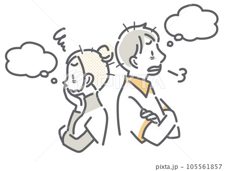 悩みごとを抱える若い夫婦　シンプルでお洒落な線画イラスト 105561857