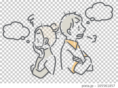 悩みごとを抱える若い夫婦　シンプルでお洒落な線画イラスト 105561857