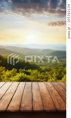 Empty wooden table with vineyard background. Selective focus on tabletop. Generative AI illustration 105562134