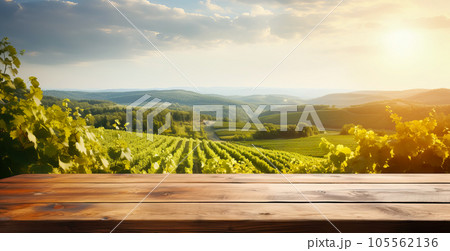 Empty wooden table with vineyard background. Selective focus on tabletop. Generative AI illustration 105562136