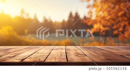 Empty wooden table with autumn landscape banner. Selective focus on tabletop. Generative AI illustration 105562138