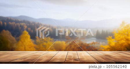 Empty wooden table with autumn landscape banner. Selective focus on tabletop. Generative AI illustration 105562140