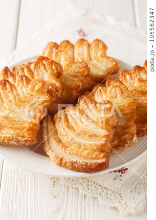 Italian puff pastry Palmine pasta sfoglia closeup on the plate. Vertical Italian puff pastry Palmine pasta sfoglia closeup on the plate. Vertical 105562347